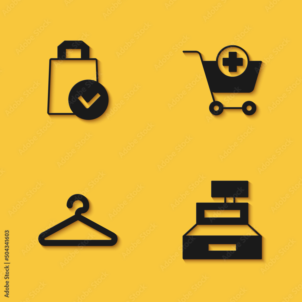 Set Paper shopping bag, Cash register machine, Hanger wardrobe and Add to Shopping cart icon with long shadow. Vector Set Paper shopping bag, Cash register machine, Hanger wardrobe and Add to Shopping cart icon with long shadow. Vector