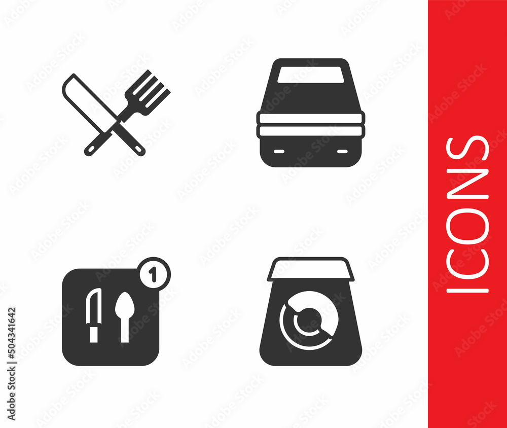 Set Online ordering food, Crossed knife and fork, Food and Lunch box icon. Vector Set Online ordering food, Crossed knife and fork, Food and Lunch box icon. Vector
