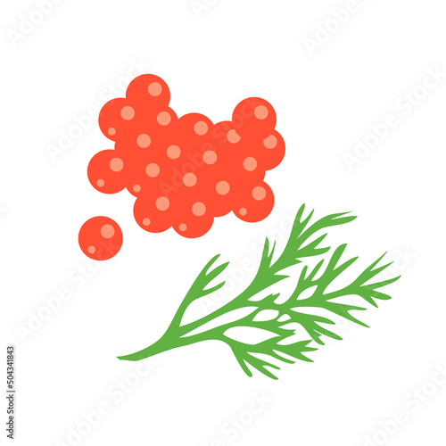 Red salmon or trout caviar and dill. Fish delicacy. Delicious and healthy food. Protein marine product. Flat vector illustration isolated on white background