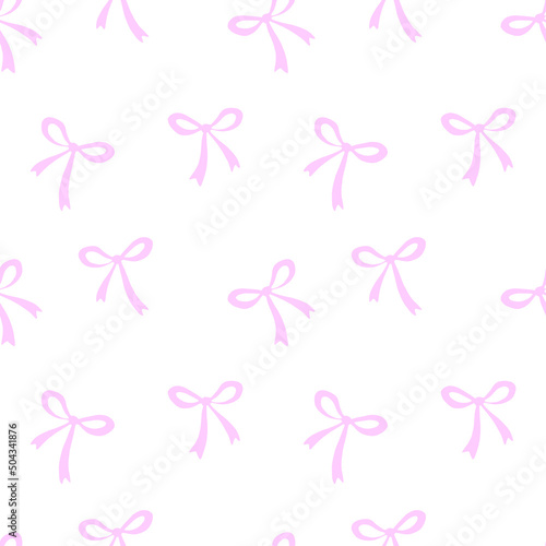 Seamless pattern with small pink flat bows, ribbons. Cute fun simple abstract vector background, texture for fabric, wrapping paper, girls design