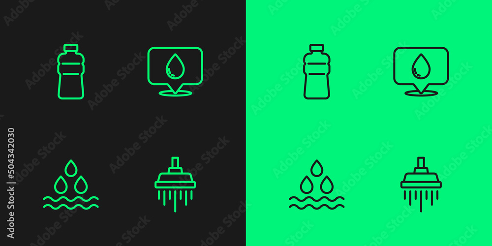 Set line Shower, Water drop, Bottle of water and with location icon. Vector Set line Shower, Water drop, Bottle of water and with location icon. Vector