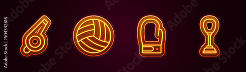 Set line Whistle, Volleyball ball, Boxing glove and Punching bag. Glowing neon icon. Vector