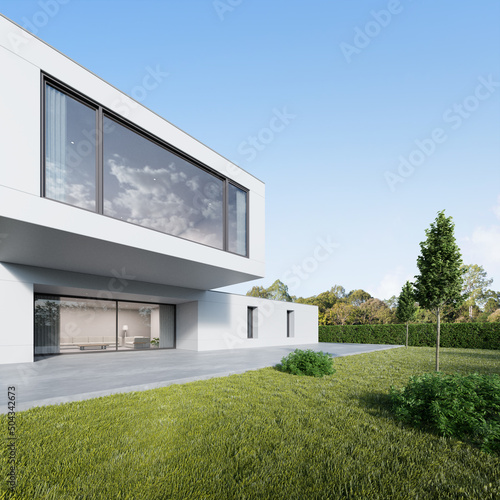 Fototapeta Naklejka Na Ścianę i Meble -  3d rendering of white modern house with large concrete terrace and lawn yard.