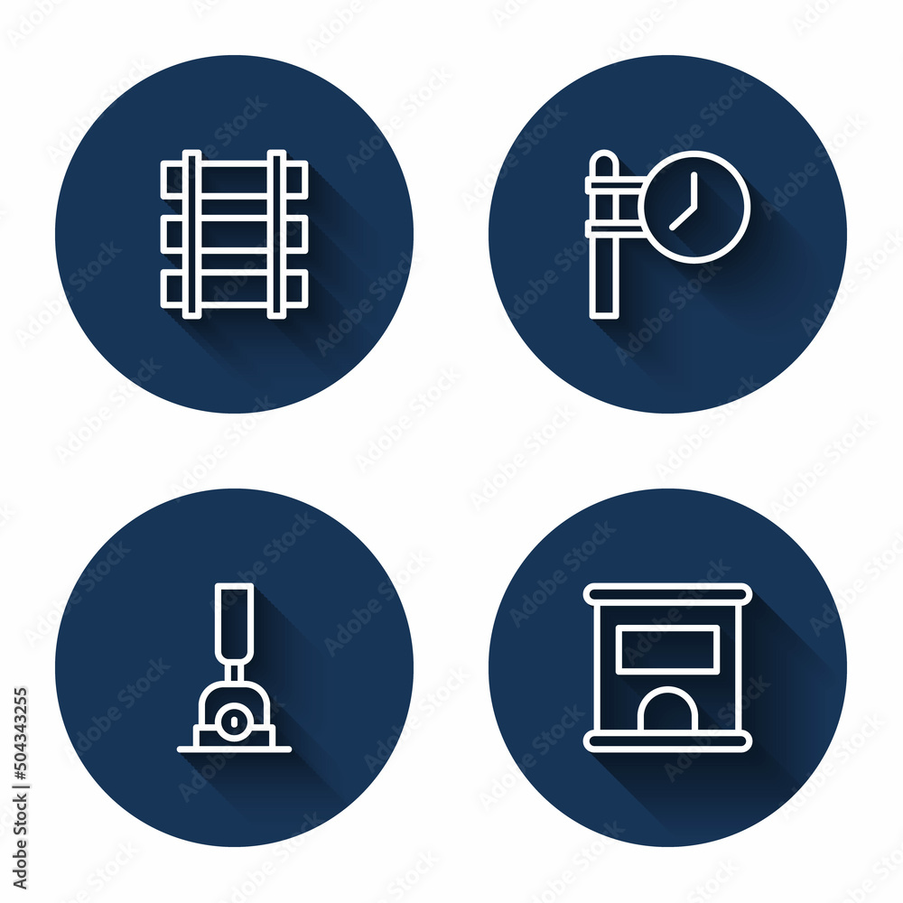 Set line Railway, railroad track, Train station clock, Arrow for switching the railway and Ticket office to buy tickets with long shadow. Blue circle button. Vector Set line Railway, railroad track, Train station clock, Arrow for switching the railway and Ticket office to buy tickets with long shadow. Blue circle button. Vector