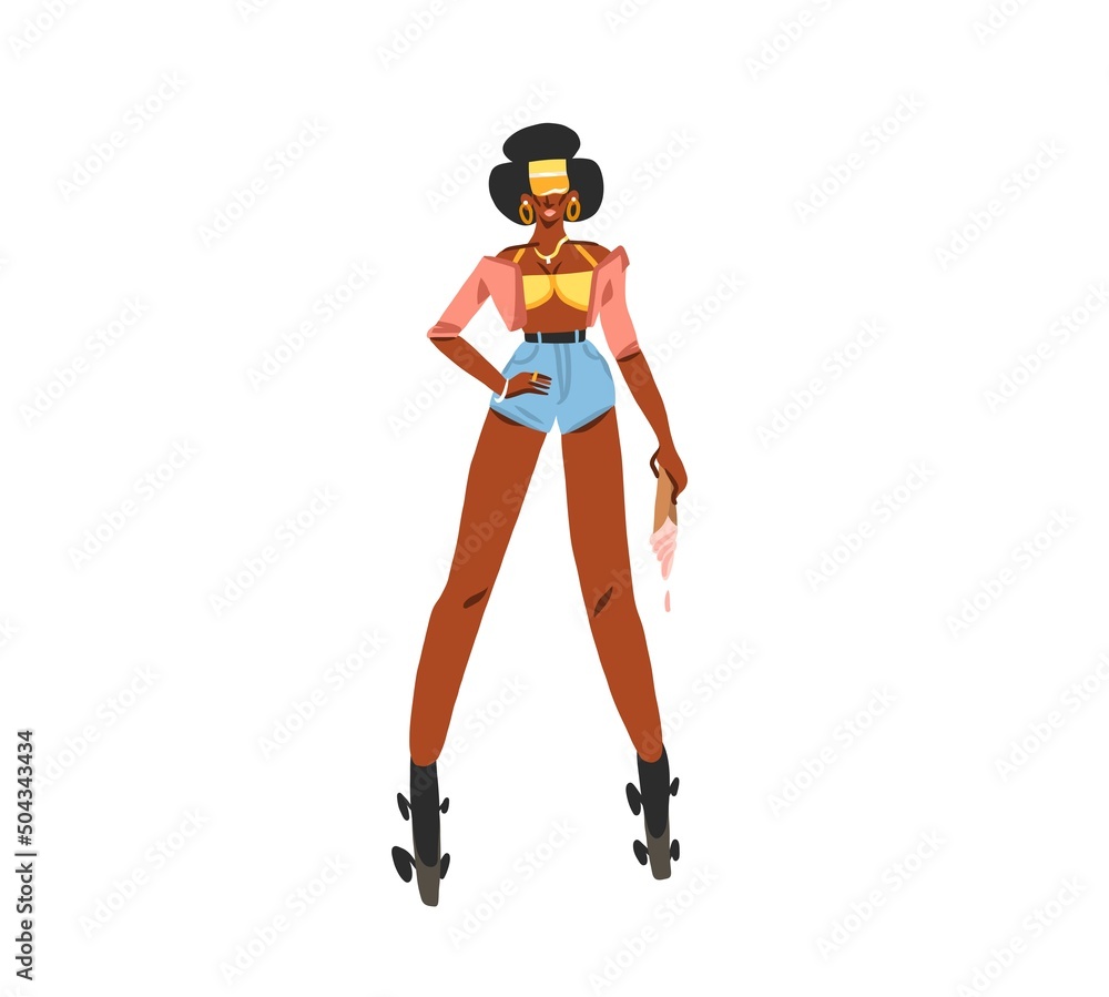 Hand drawn vector abstract flat stock modern graphic illustration character of young happy retro vintage disco african american girl roller skating,90 vintage print concept,retro vector people design. Hand drawn vector abstract flat stock modern graphic illustration character of young happy retro vintage disco african american girl roller skating,90 vintage print concept,retro vector people design.