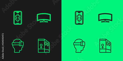 Set line Case of computer, Virtual reality glasses, Mobile gaming and Computer monitor icon. Vector