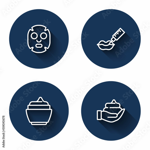 Set line Facial cosmetic mask, Lip augmentation, Cream or lotion tube and Shaving foam hand with long shadow. Blue circle button. Vector