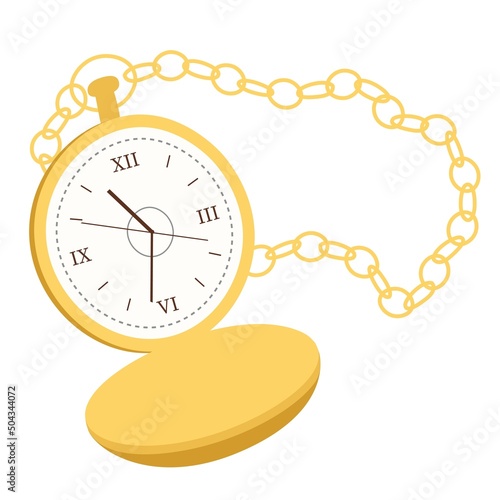 Pocket watch vector illustration in a flat style. Gold watch on a chain in vintage style. Icon for design and applications