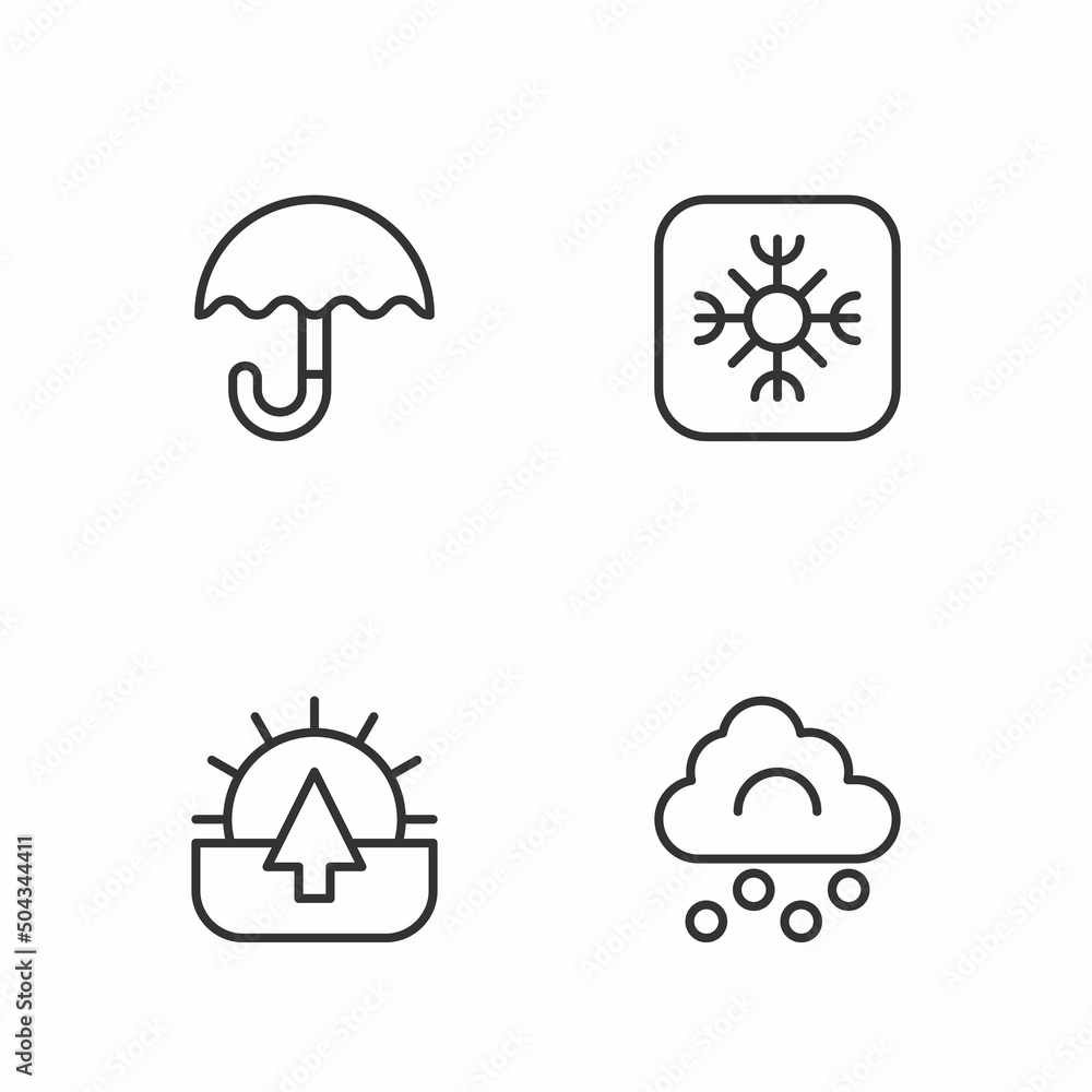 Set line Hail cloud, Sunrise, Umbrella and Snowflake icon. Vector Set line Hail cloud, Sunrise, Umbrella and Snowflake icon. Vector