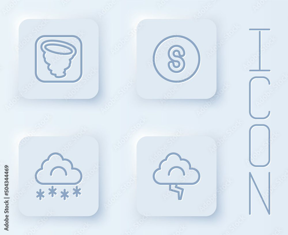 Set line Tornado, Compass south, Cloud with snow and and lightning. White square button. Vector Set line Tornado, Compass south, Cloud with snow and and lightning. White square button. Vector