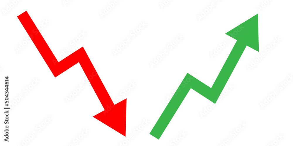 Red down green up arrow icon sign vector. Cryptocurrency, stock and forex investment trading analysis. Red down green up arrow icon sign vector. Cryptocurrency, stock and forex investment trading analysis.