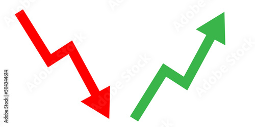 Red down green up arrow icon sign vector. Cryptocurrency, stock and forex investment trading analysis.