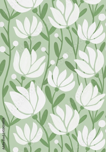 Floral print with hand-drawn white flowers with the texture of oil paint on a green sage background. © Lesia