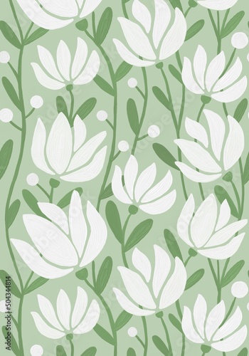 Floral print with hand-drawn white flowers with the texture of oil paint on a green sage background.