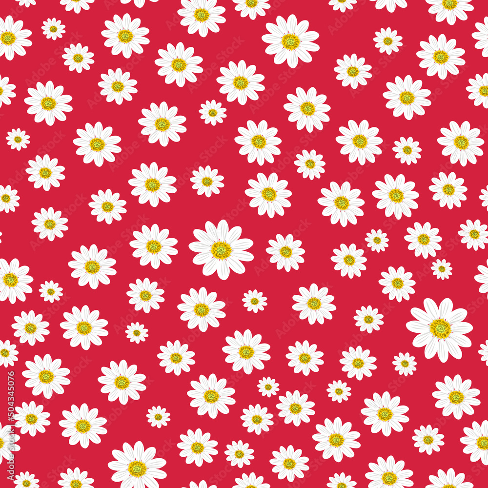 Wild field flowers of chamomile. Seamless summer pattern with large white flowers on a red background. For printing on fabric, textiles. 