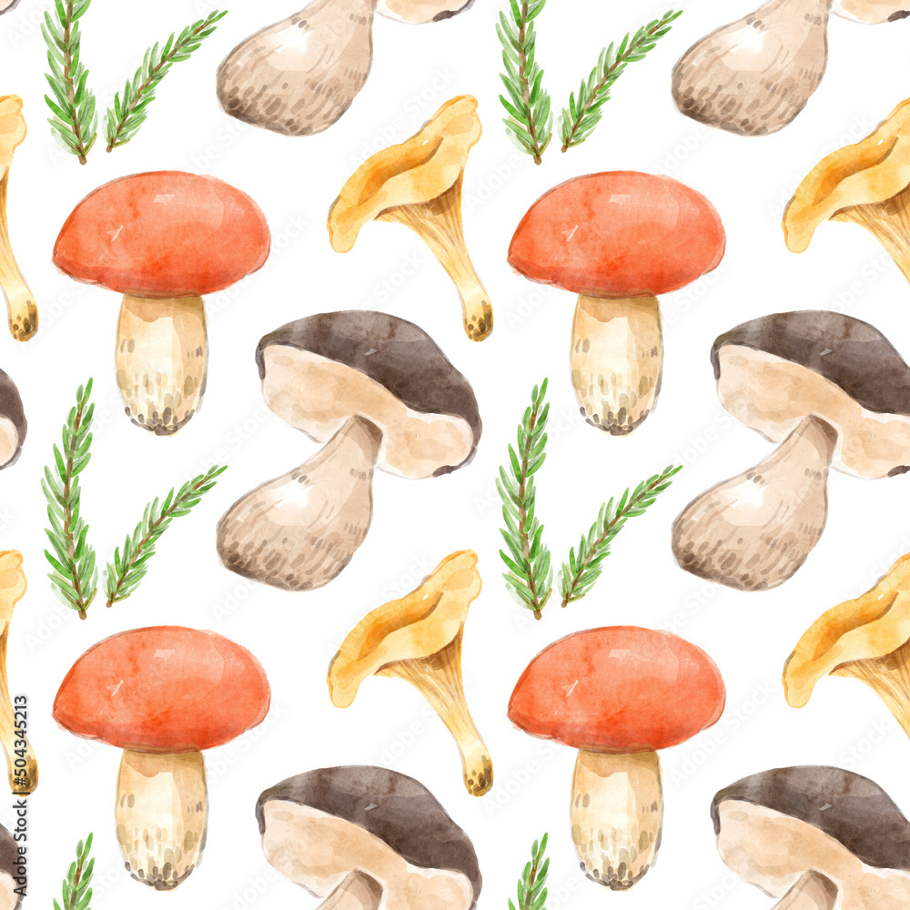 Watercolor seamless pattern with mushrooms. Hand-drawn illustration isolated on the white background Watercolor seamless pattern with mushrooms. Hand-drawn illustration isolated on the white background