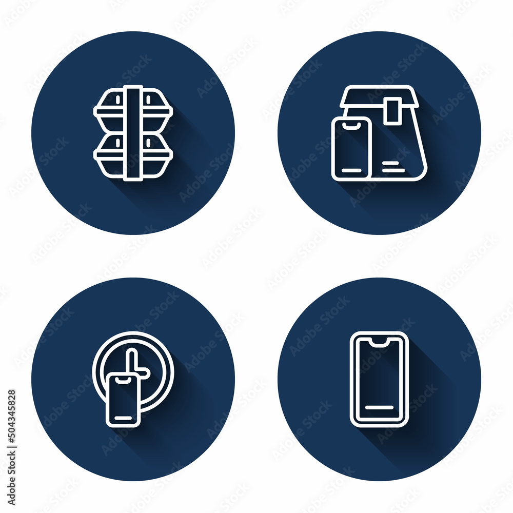 Set line Lunch box, Online ordering food, Round the clock delivery and Food on mobile with long shadow. Blue circle button. Vector Set line Lunch box, Online ordering food, Round the clock delivery and Food on mobile with long shadow. Blue circle button. Vector