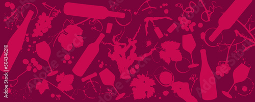 Background drawings of silhouettes of wine elements. Stains and drops of wine, glass, bottle, tendrils, grapes, vine leaves, vine stock, hand with glass, pruning shears, branches, corkscrew, 