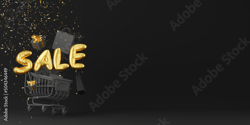 Black friday banner concept design of shopping cart gold sale inflatable balloon paper bag and gift box with confetti falling on black background 3D render photo