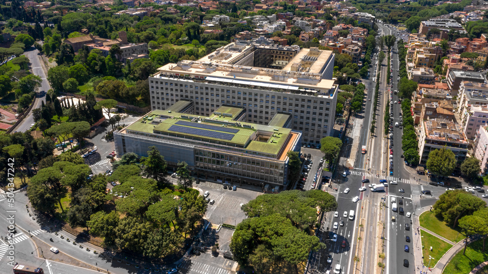 Aerial view of the main headquarters of the United Nations Food and Agriculture Organization, known as FAO. The building is located in the historic center of Rome, Italy.