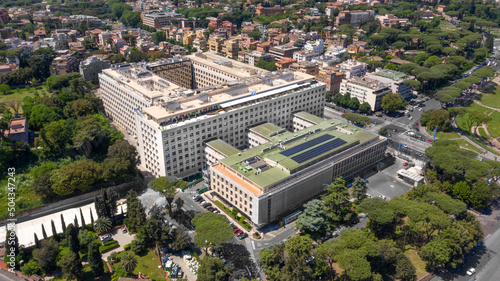 Aerial view of the main headquarters of the United Nations Food and Agriculture Organization, known as FAO. The building is located in the historic center of Rome, Italy.