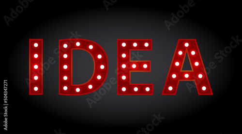 Idea. Red letter with luminous glowing lightbulbs. Vector typography word design. Template type font for poster.
