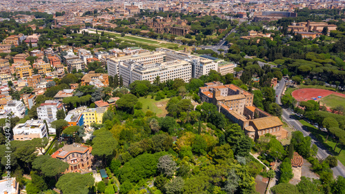 Aerial view of the main headquarters of the United Nations Food and Agriculture Organization, known as FAO. The building is located in the historic center of Rome, Italy.