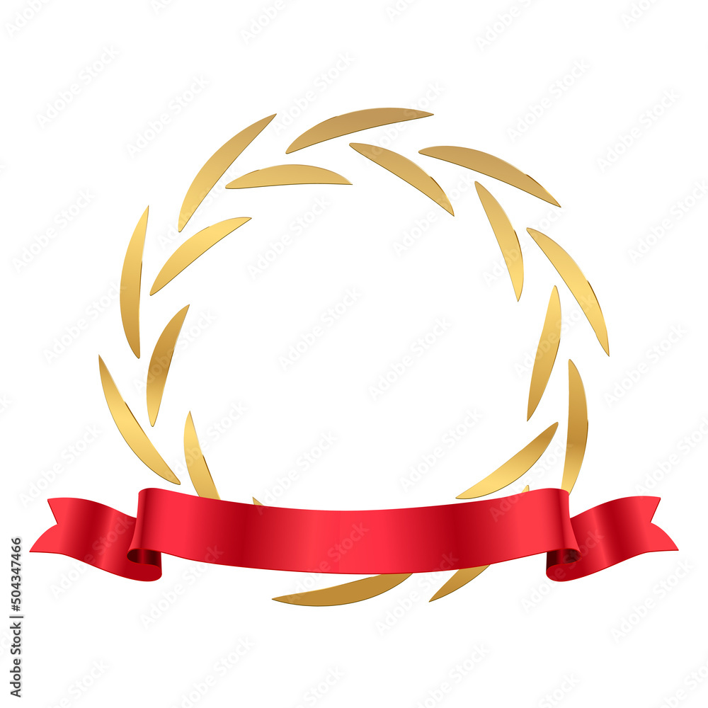 Obraz premium Gold round laurel wreath and red ribbon for winner, 3d golden circular border of leaves