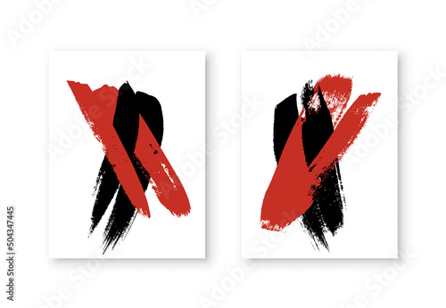 Red and black ink brush strokes in flyers set, abstract grunge stains in Japanese style