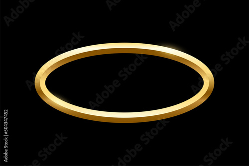Gold oval frame for picture on black background. Blank space for picture, painting, card or photo. 3d realistic modern template vector illustration. Simple golden object mockup