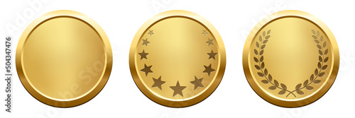 Gold round winner medals with laurel wreath and stars silhouettes, 3d realistic set