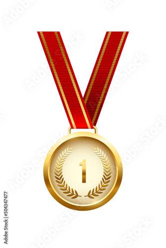 Gold medal hanging on red ribbon. Champion trophy award with number and laurel wreath vector illustration. Prize in sport for winning first place in competition isolated on white background.