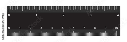 Double sided black ruler with scales to measure length, size in centimeters and inches