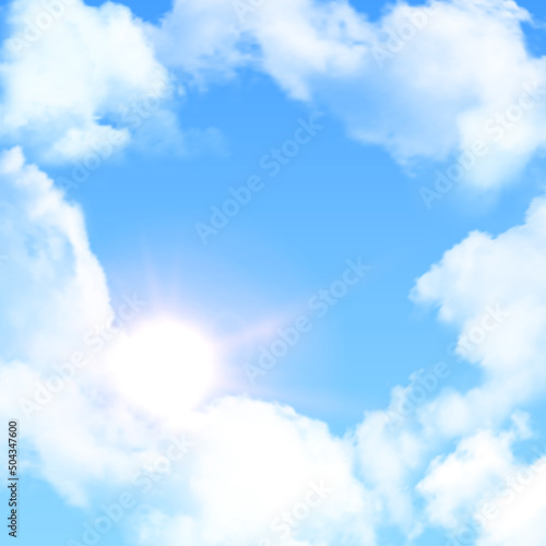 Blue bright sky with clouds and shine of sun  realistic cloudy weather  glare of sunshine
