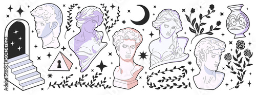 Antique statues. Colorful Greek elements, girls and men heads, figurine stickers, in trendy cartoon style. Collection of hand drawn mythical people