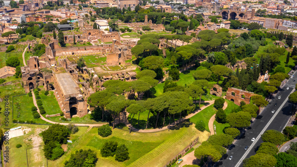 Aerial view of the Palatine Hill in Rome, Italy. According to the legend, it is from this hill that the history of Rome began.