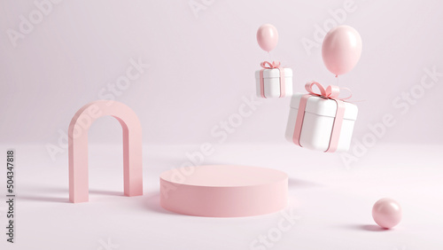 Valentine's Day interior with gold platform, balloons. Stand, podium, pedestal for goods, shop windows and magazines. Love greeting card, poster with pink gift boxes, presents - 3D, render. photo