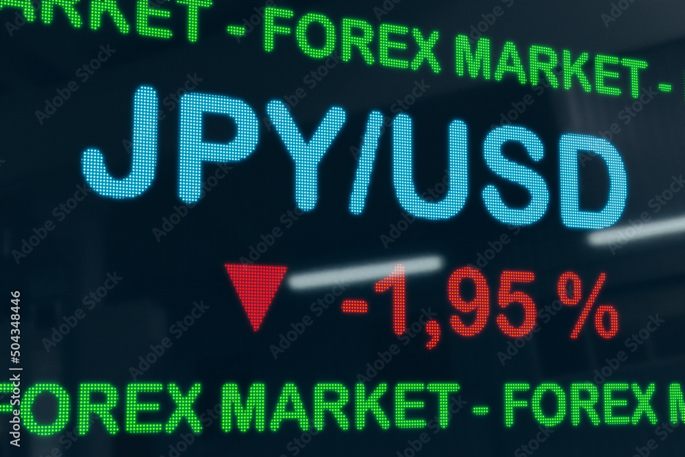 Japanese Yen drops against USD. Infographic with JPY symbol and percentage sign on the exchange screen. Currency trading, Forex and economy concept. 3D illustration