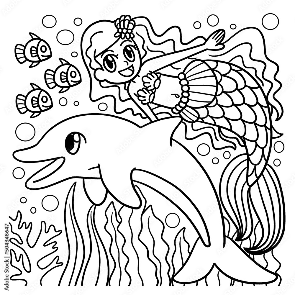 Swimming Mermaid And Dolphin Coloring Page Swimming Mermaid And Dolphin Coloring Page