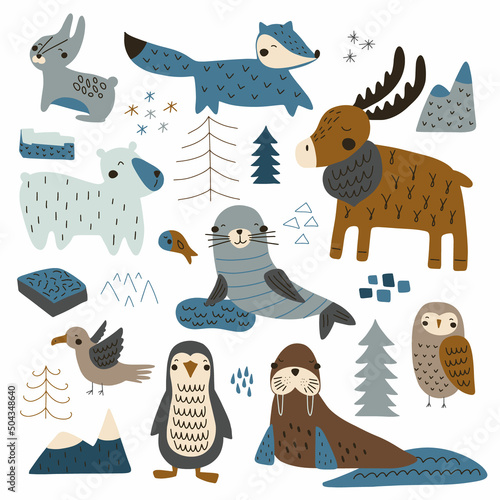 Cute arctic nature. Northern animals characters. Icebergs and ice floes. Inhabitants of a cold climate. Vector illustration isolated on white background for your design