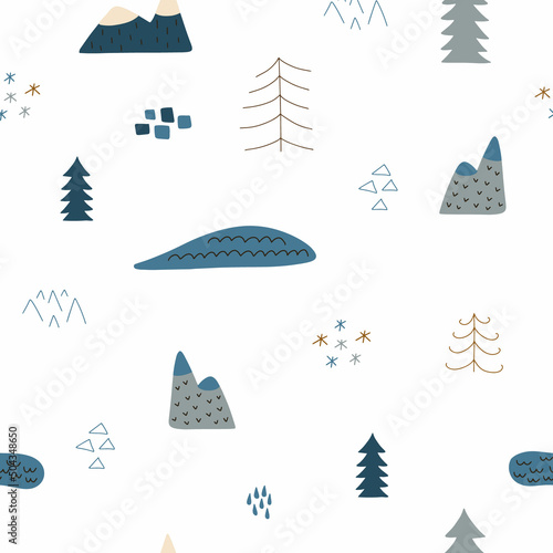 Seamless pattern with arctic landscape. Icebergs, glacier with blue clear water and ice rocks, snowy mountains.