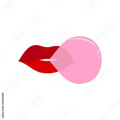Vector illustration of lips blowing pink bubble gum. Isolated on white background.