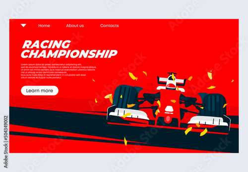 vector illustration of a banner template for the website for a sports car race,the winner of a racing sports car with a wreath and a trophy, confetti for the winner, the champion of racing