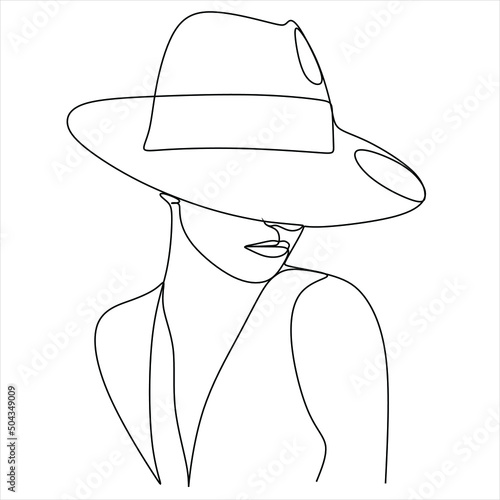 Woman in hat fashion line drawing, black and white illustration. Hand drawn vector element for fashion shop banner, logo, flyer, web design, advertisement. Minimalist portrait of female with abstract
