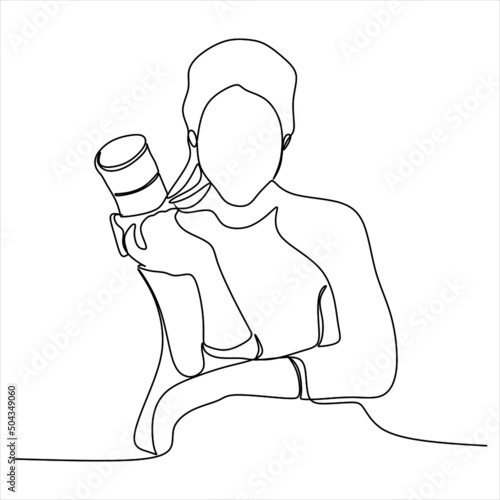 Single one line drawing photographer of paparazzi taking photo with modern digital camera with angles. Journalist or reporter making pictures. Continuous line draw design graphic vector illustration