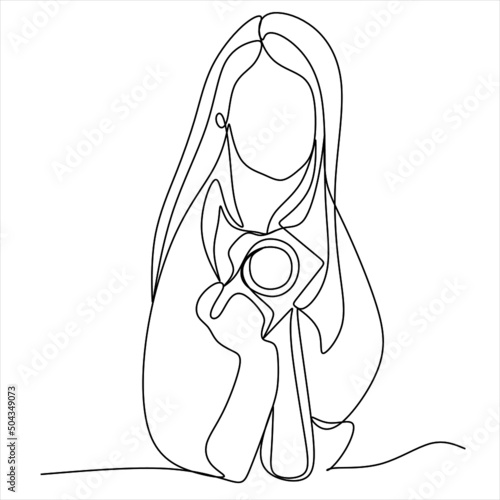 Single one line drawing photographer of paparazzi taking photo with modern digital camera with angles. Journalist or reporter making pictures. Continuous line draw design graphic vector illustration