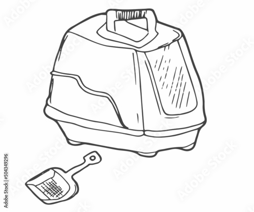 Pet cat litter box in doodle style. Accessory for pets hand drawing. Animal care icon isolated on white background. Vector illustration.