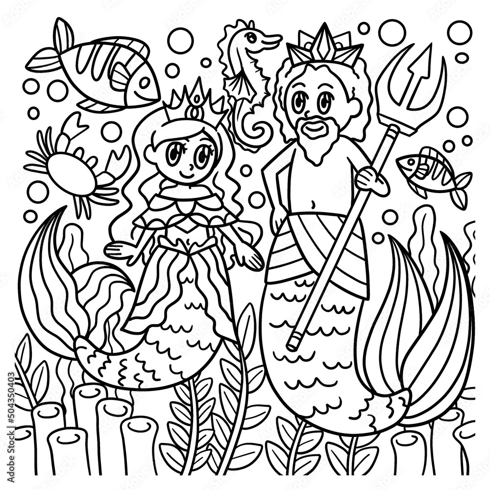 Mermaid Princess And Merman King Coloring Page