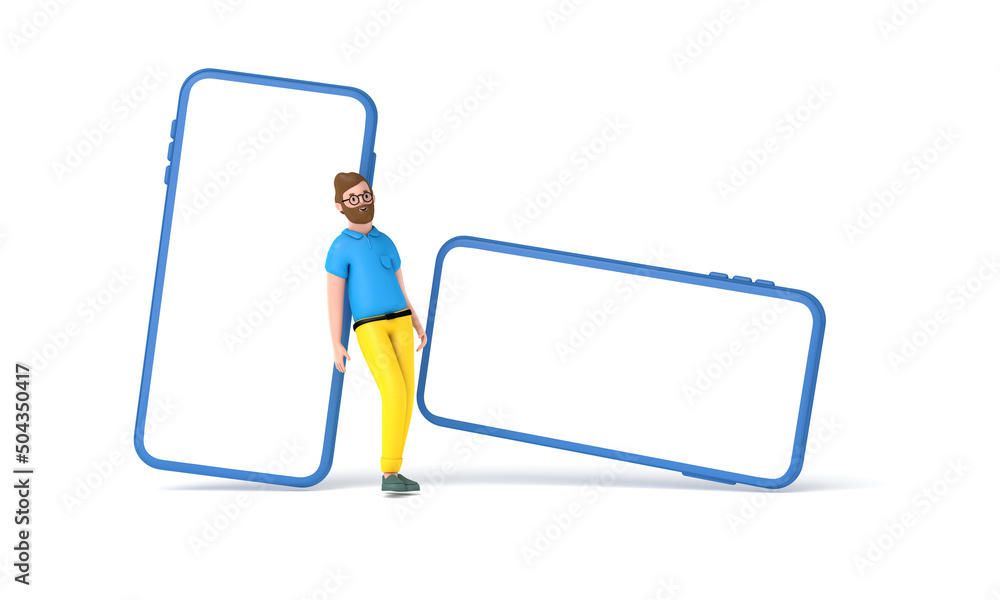 Hipster man cartoon character standing next to a large smartphone with a blank mock up screen . 3D Render Hipster man cartoon character standing next to a large smartphone with a blank mock up screen . 3D Render