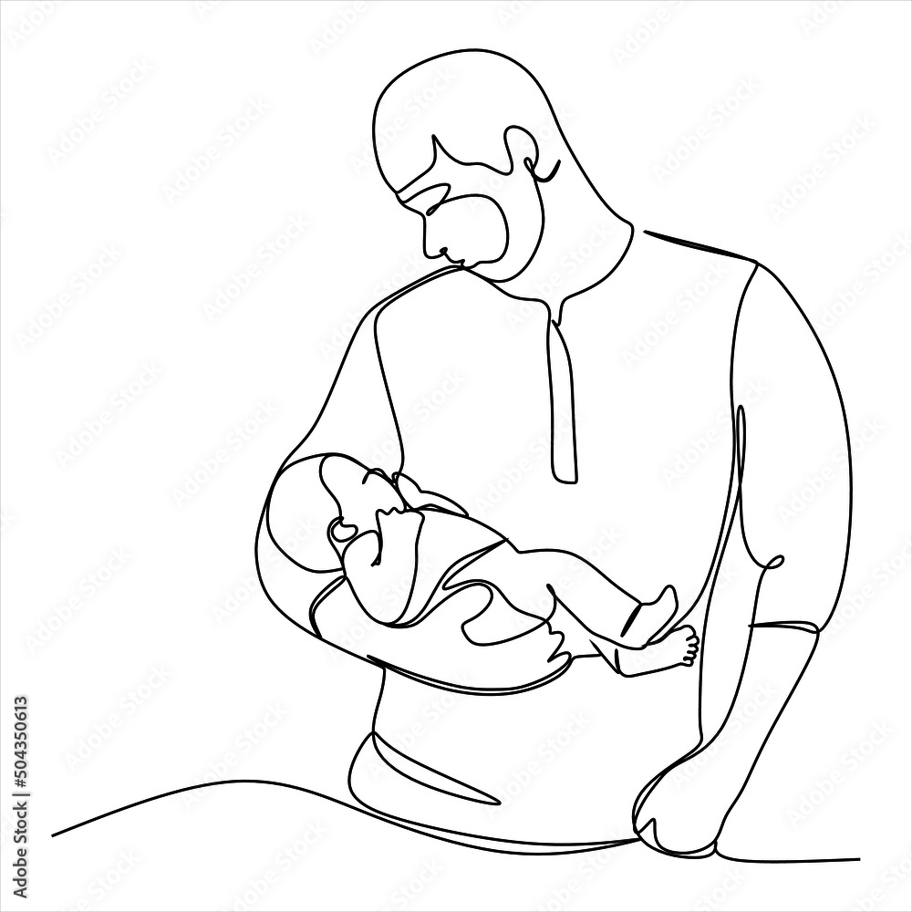 Fototapeta premium One continuous line drawing of a man with a child. The young father smiles and holds the baby in his arms, clutching him to himself. Vector sketch illustration for father's day, parenthood, babysitter